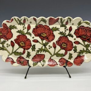 Handmade large porcelain platter with scalloped edges and hand-painted red poppies on the front.