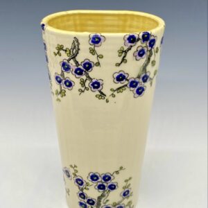 Tall hand painted porcelain vase with purple cherry blossoms and textured branches
