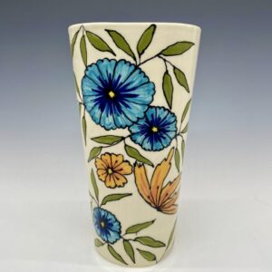 Hand Painted Floral Porcelain Vase – Blue Zinnias & Orange Lilies (9.5” Tall)
