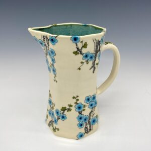 Medium blue cherry blossom porcelain pitcher with hand-painted blue flowers – front view