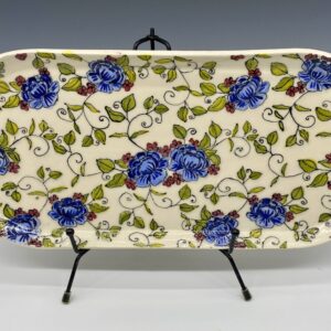 Hand-painted large porcelain platter with blue peony floral design, rounded rectangle shape, front view