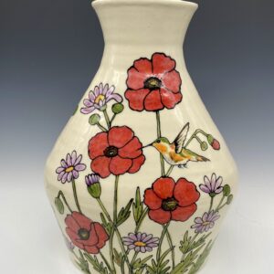 14 inch hand painted porcelain vase with red poppies and hummingbird