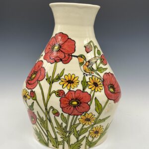 Hand painted porcelain vase with red poppies and hummingbird
