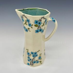 Large Blue Cherry Blossom Porcelain Pitcher- Handmade 9x5" Floral Serving Pitcher