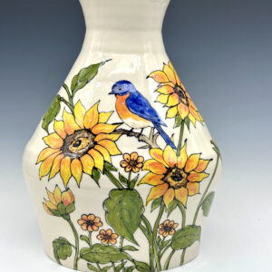 Bluebird & Sunflowers Hand-Painted Statement Porcelain Vase, floral painting and complete vessel shown