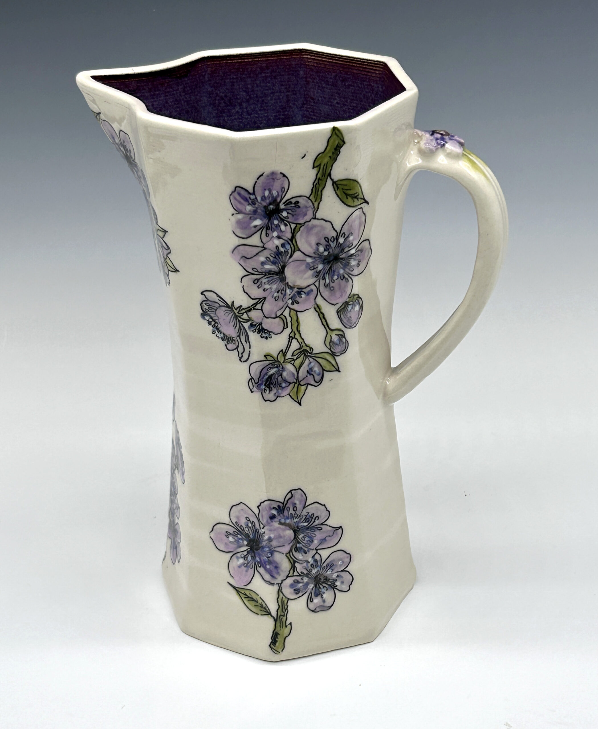 Violet Blossom Hand-Painted Porcelain Pitcher, floral painting and complete vessel shown