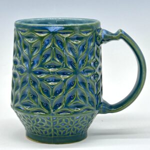 Petal Lattice geometric ceramic mug in blue, teal and moss green, view 0